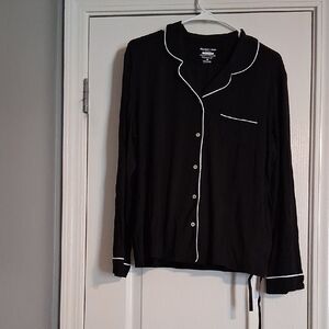 Black Button-Up Pajama Top And Bottoms with White Trim